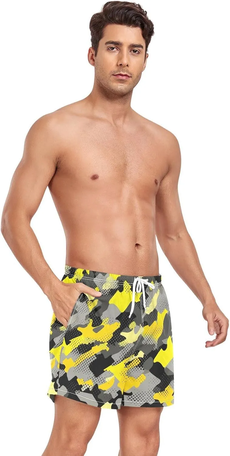 Gray Yellow Camouflage Mens Athletic Shorts Quick Dry Lightweight Workout Shorts