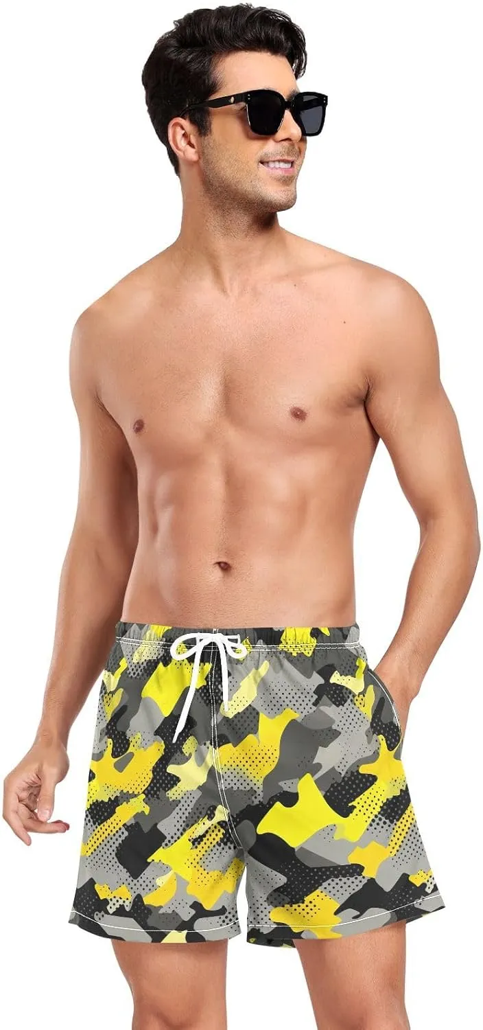 Gray Yellow Camouflage Mens Athletic Shorts Quick Dry Lightweight Workout Shorts