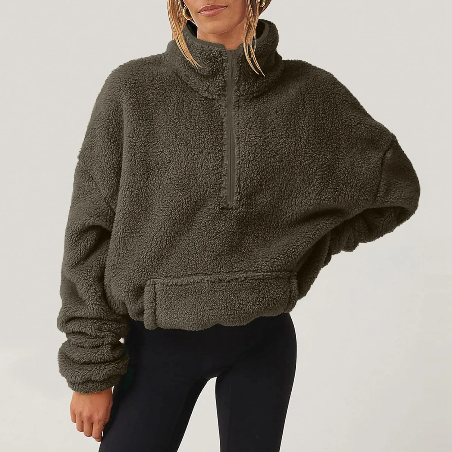 Half Zip Pullover Women Sherpa Fleece Oversized Hoodie Cute Fuzzy Cropped Sweatshirts with Pockets Pullover Sweaters