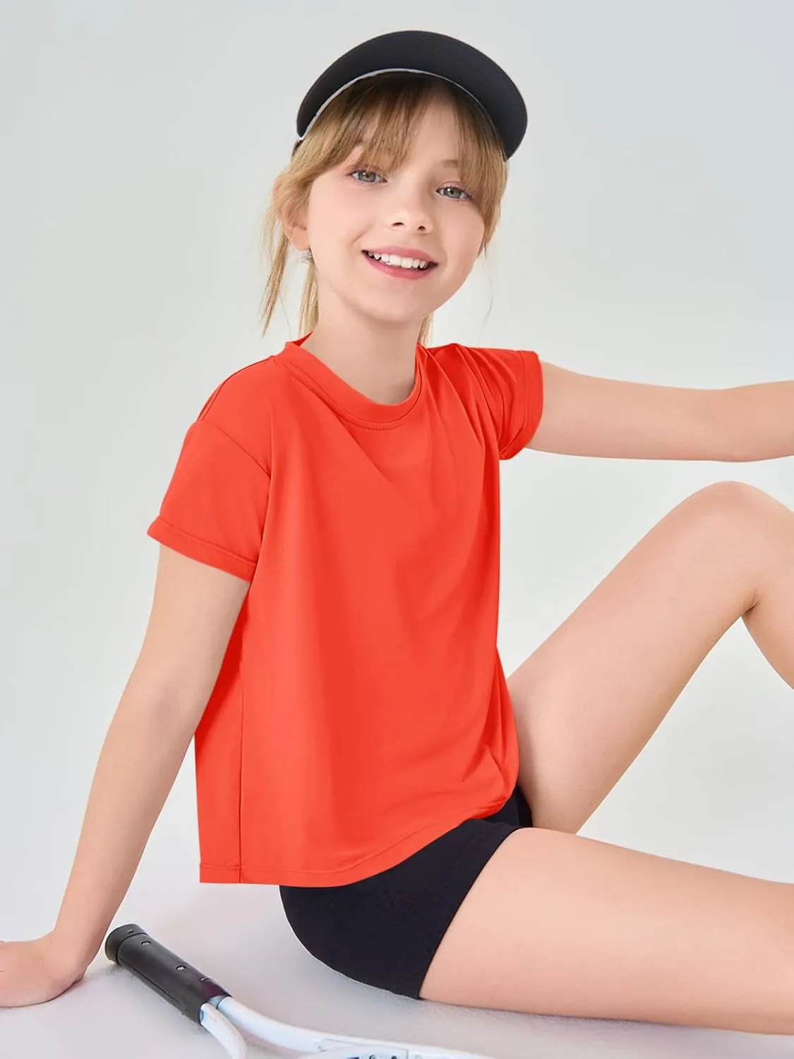 Haloumoning Girls Loose Athletic Shirts Short Sleeve Crop Tops Kids Quick Dry Gym Yoga Tees 5-14 Years