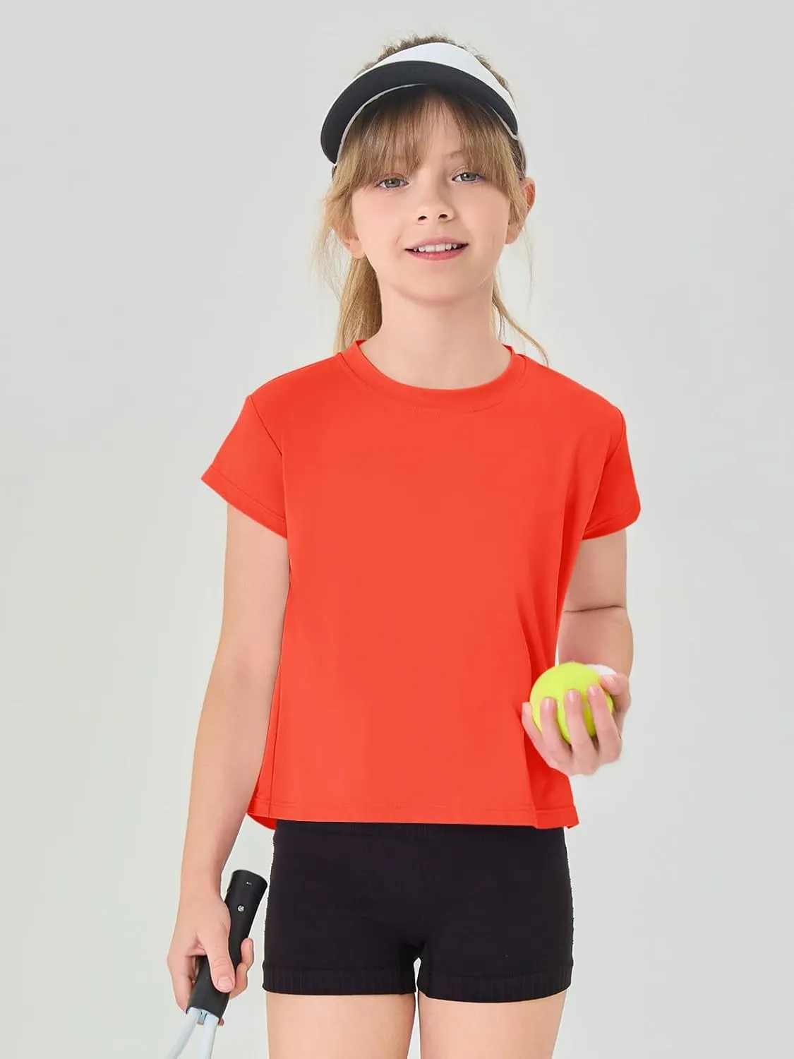 Haloumoning Girls Loose Athletic Shirts Short Sleeve Crop Tops Kids Quick Dry Gym Yoga Tees 5-14 Years