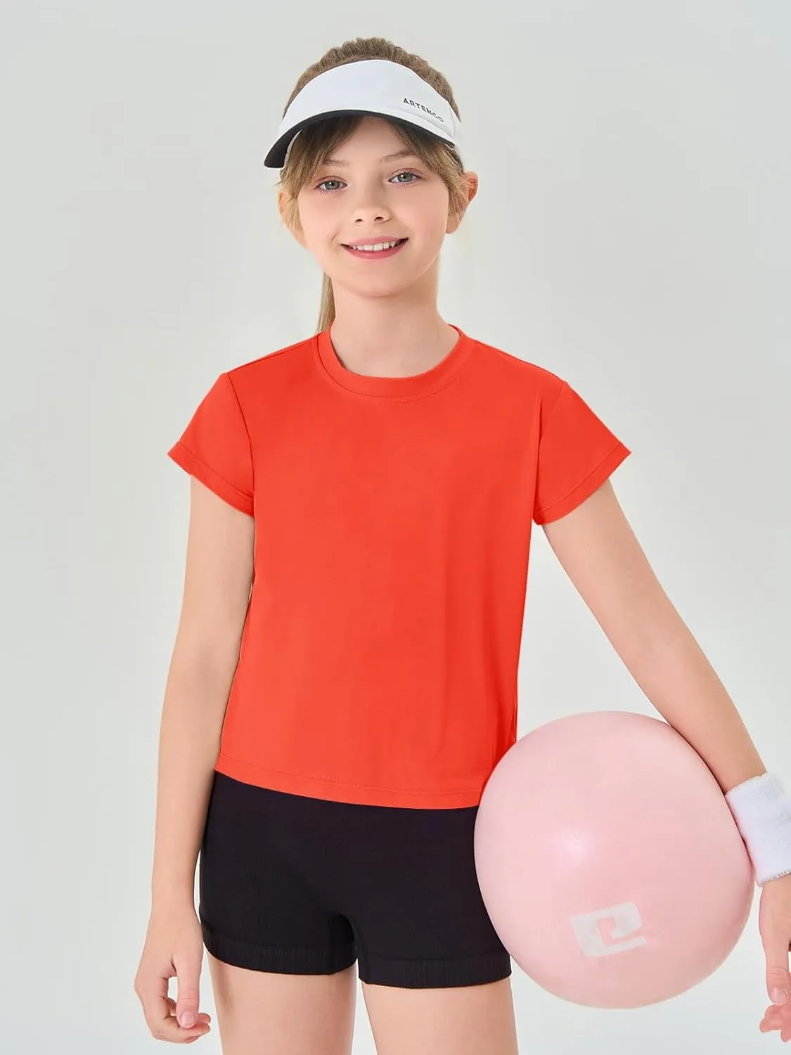 Haloumoning Girls Loose Athletic Shirts Short Sleeve Crop Tops Kids Quick Dry Gym Yoga Tees 5-14 Years