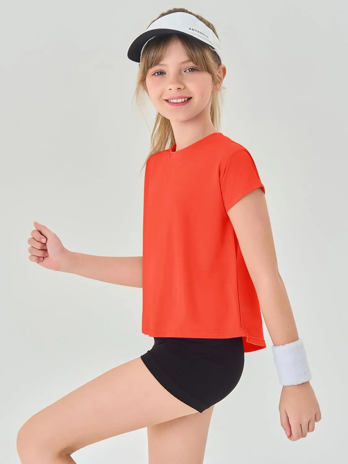 Haloumoning Girls Loose Athletic Shirts Short Sleeve Crop Tops Kids Quick Dry Gym Yoga Tees 5-14 Years