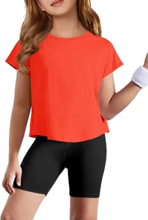 Haloumoning Girls Loose Athletic Shirts Short Sleeve Crop Tops Kids Quick Dry Gym Yoga Tees 5-14 Years