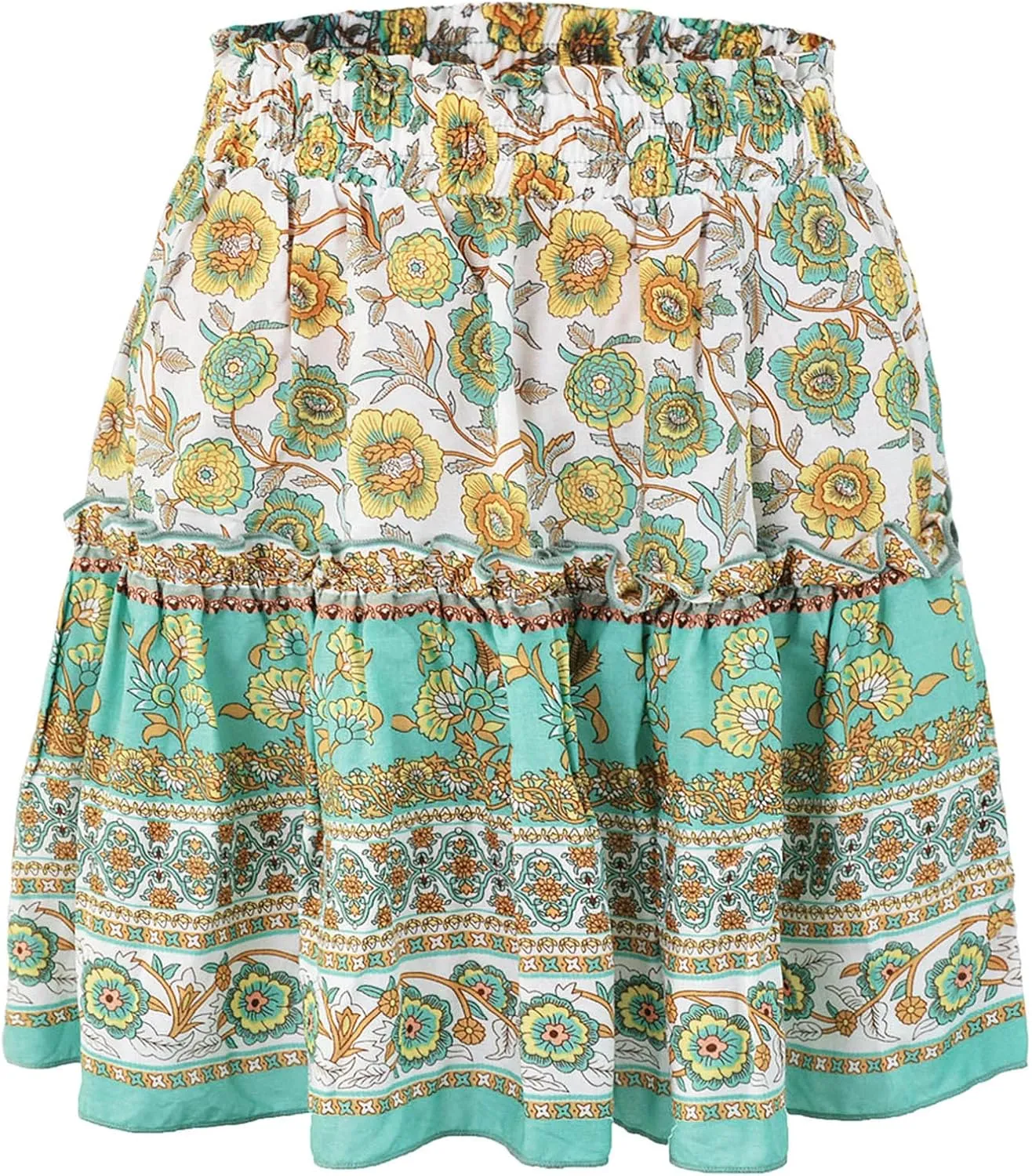 High Waist Mini Skirts Women Boho Floral Printed Skirts Vintage Drawstring Pleated A Line Skirts for Women