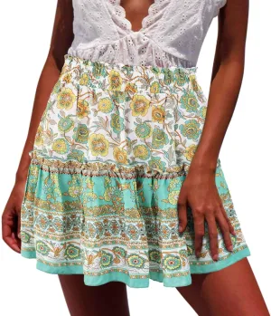 High Waist Mini Skirts Women Boho Floral Printed Skirts Vintage Drawstring Pleated A Line Skirts for Women