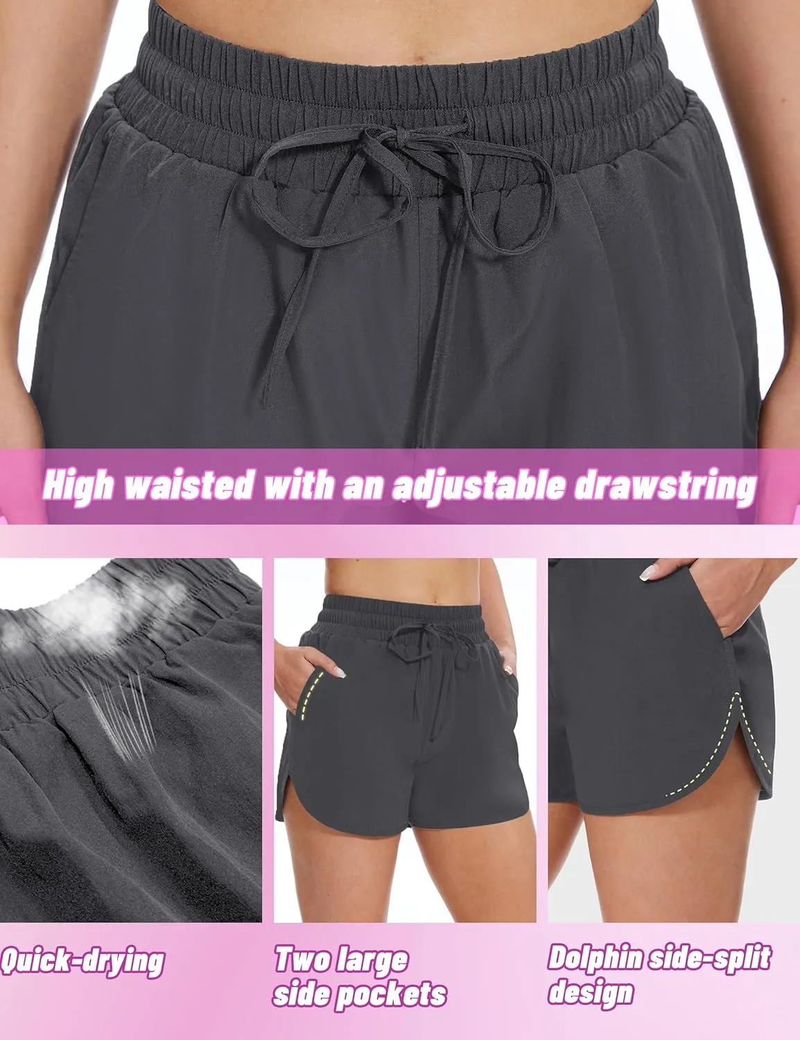 High Waisted Running Shorts for Women with Pockets, 2.5" Black Athletic Workout Gym Yoga Spandex Dolphin Shorts