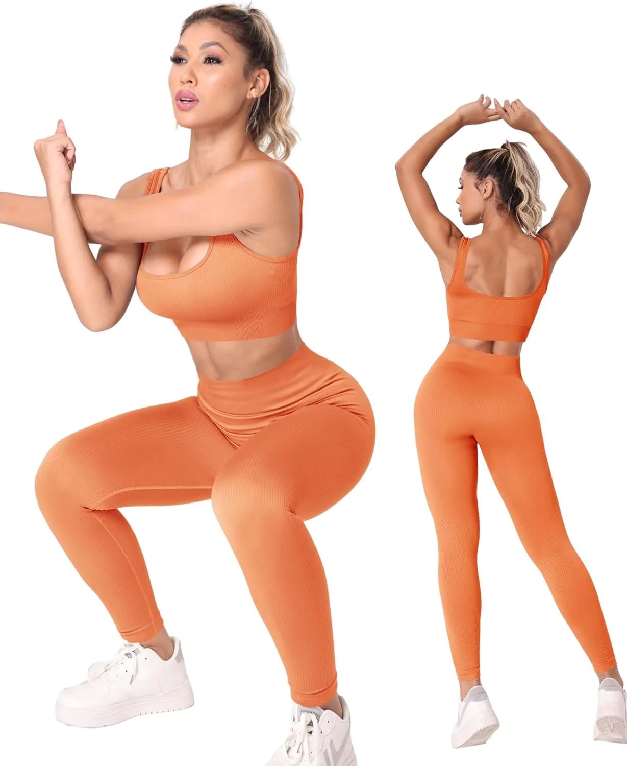 HORISUN Workout Sets for Women 2 Piece Outfits Seamless Ribbed Crop Tank Top Sports Bra High Waist Biker Shorts Yoga Leggings