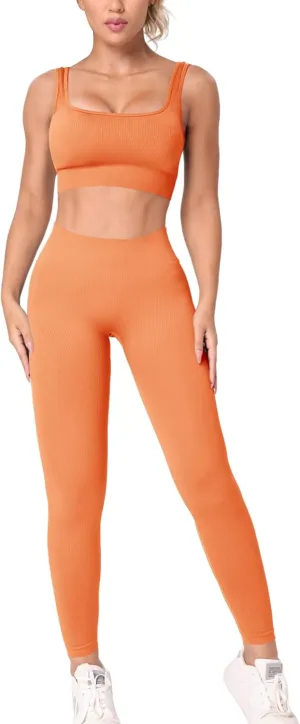 HORISUN Workout Sets for Women 2 Piece Outfits Seamless Ribbed Crop Tank Top Sports Bra High Waist Biker Shorts Yoga Leggings
