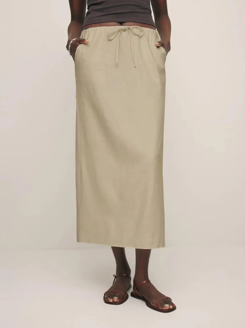 IDEALSANXUN Womens Cotton Linen Skirts Trendy Elastic Waist Drawstring Long Skirts with Slit