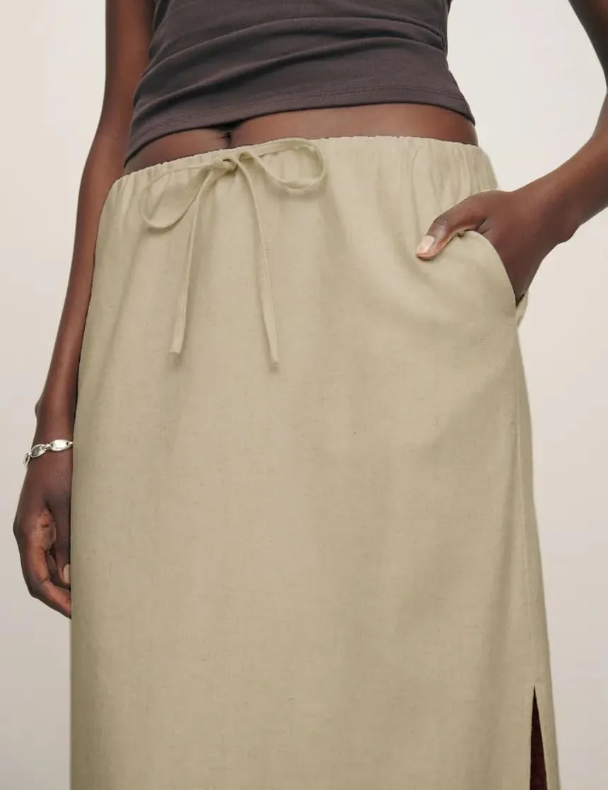 IDEALSANXUN Womens Cotton Linen Skirts Trendy Elastic Waist Drawstring Long Skirts with Slit