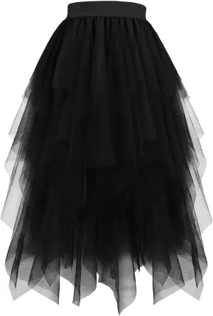 Layered Tulle Skirt for Women Gothic Asymmetrical Mesh Maxi Skirts Fashion High Waist Costume Style