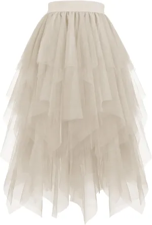 Layered Tulle Skirt for Women Gothic Asymmetrical Mesh Maxi Skirts Fashion High Waist Costume Style