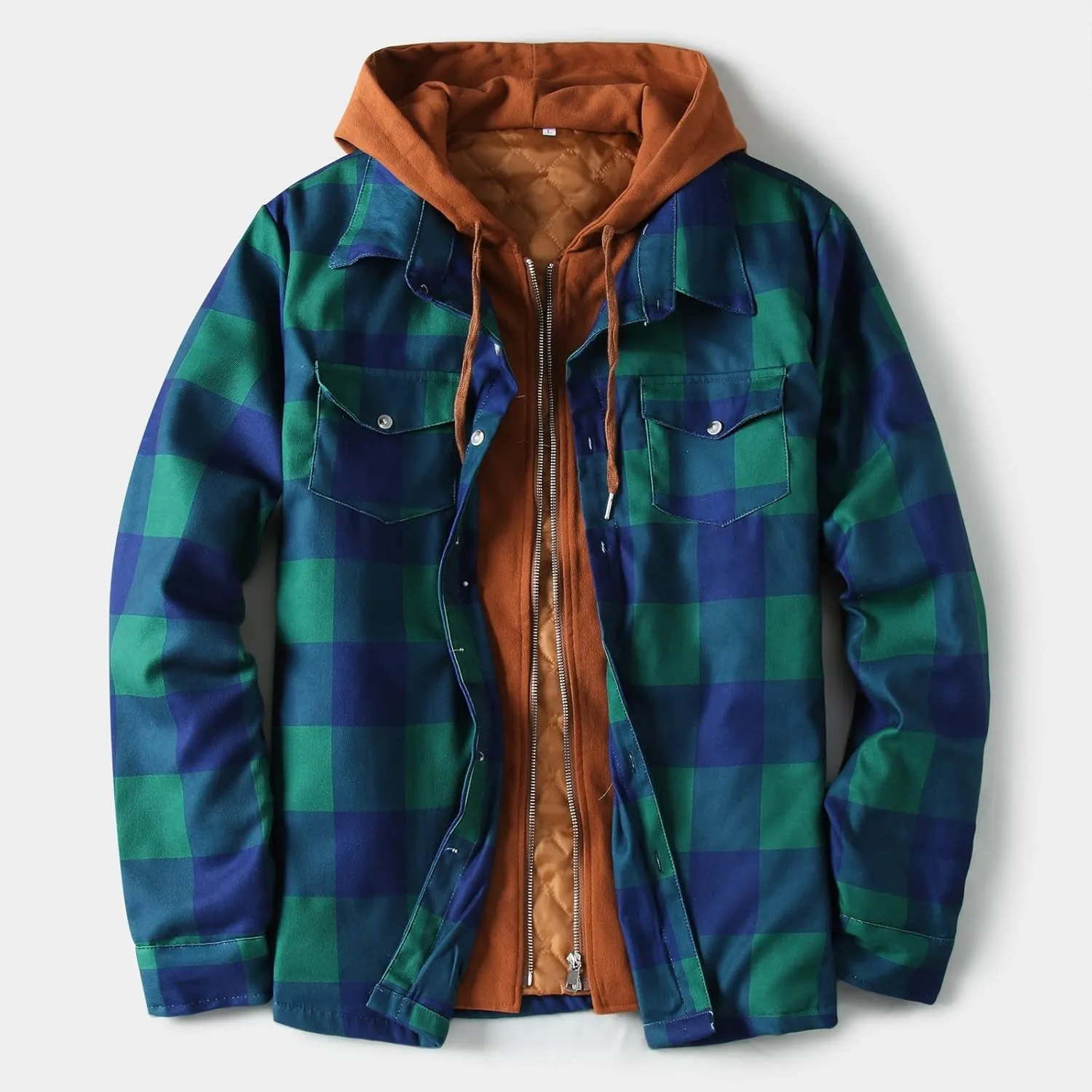 LCMTWX Men's Hooded Shirt Jacket Plaid Print Lapel Button Down Pocket Long Sleeve Shirt Patchwork Jacket Coat with Zipper