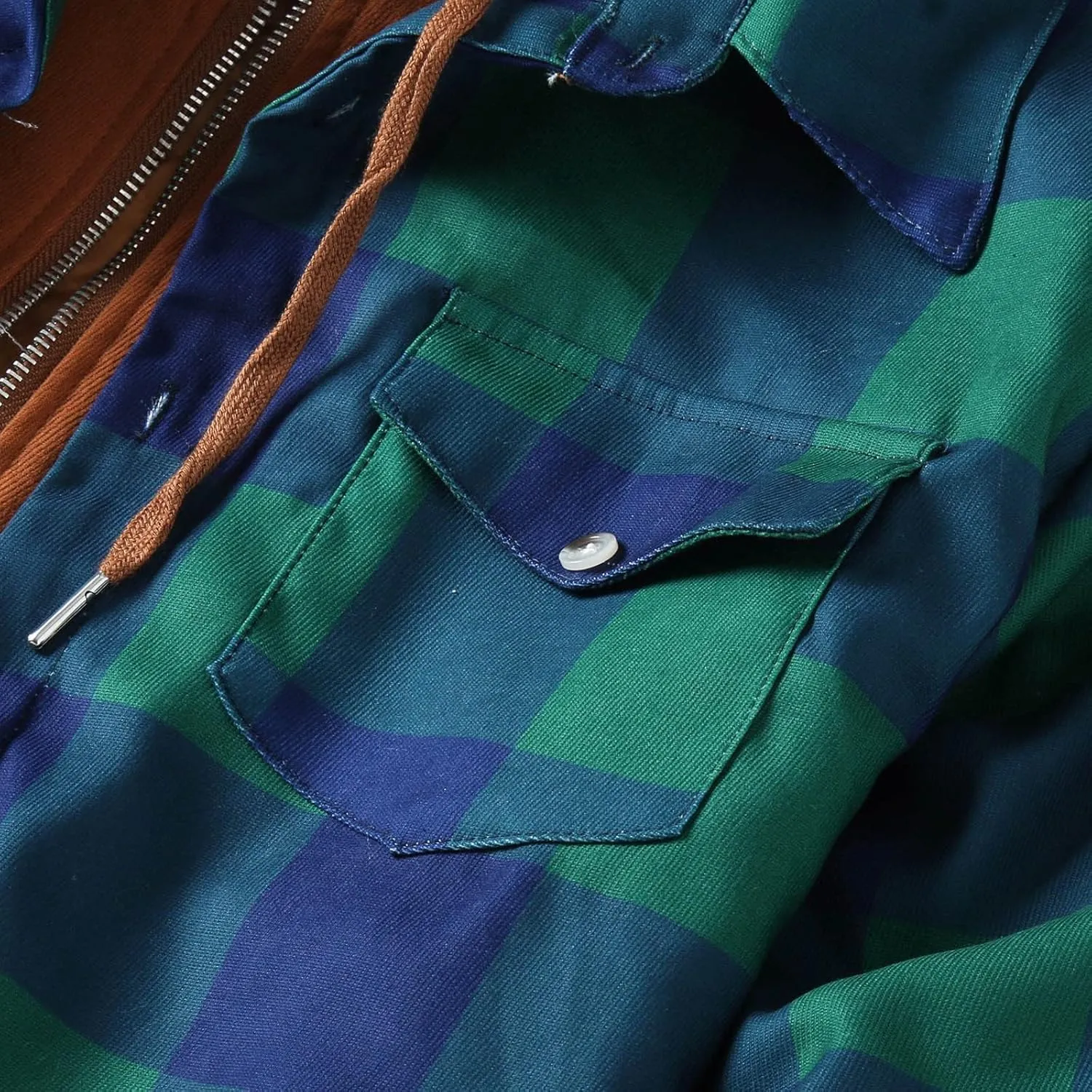 LCMTWX Men's Hooded Shirt Jacket Plaid Print Lapel Button Down Pocket Long Sleeve Shirt Patchwork Jacket Coat with Zipper