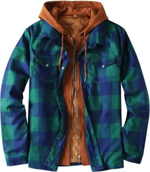 LCMTWX Men's Hooded Shirt Jacket Plaid Print Lapel Button Down Pocket Long Sleeve Shirt Patchwork Jacket Coat with Zipper
