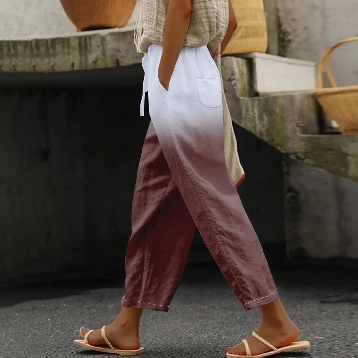 LCMTWX Petite Linen Pants Waist Pants Drawstring Capri Pants with Pockets Wide Leg Cropped Pants for Women Linen Pant