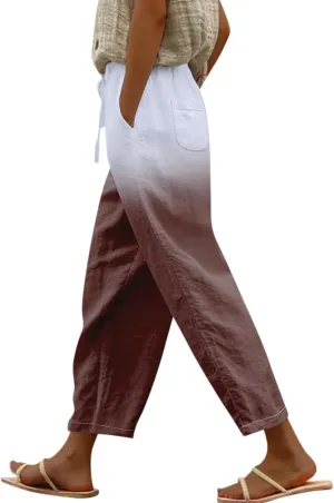 LCMTWX Petite Linen Pants Waist Pants Drawstring Capri Pants with Pockets Wide Leg Cropped Pants for Women Linen Pant
