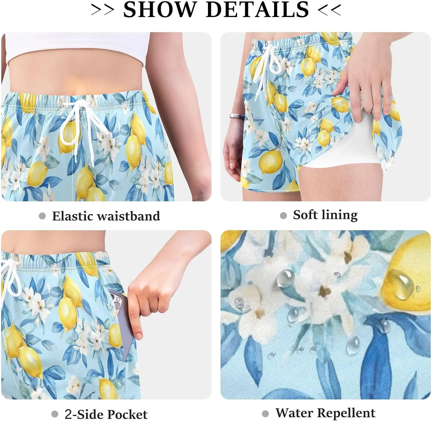 Lemons Flowers Blue Women's Athletic Shorts Quick Dry Board Shorts Women Shorts