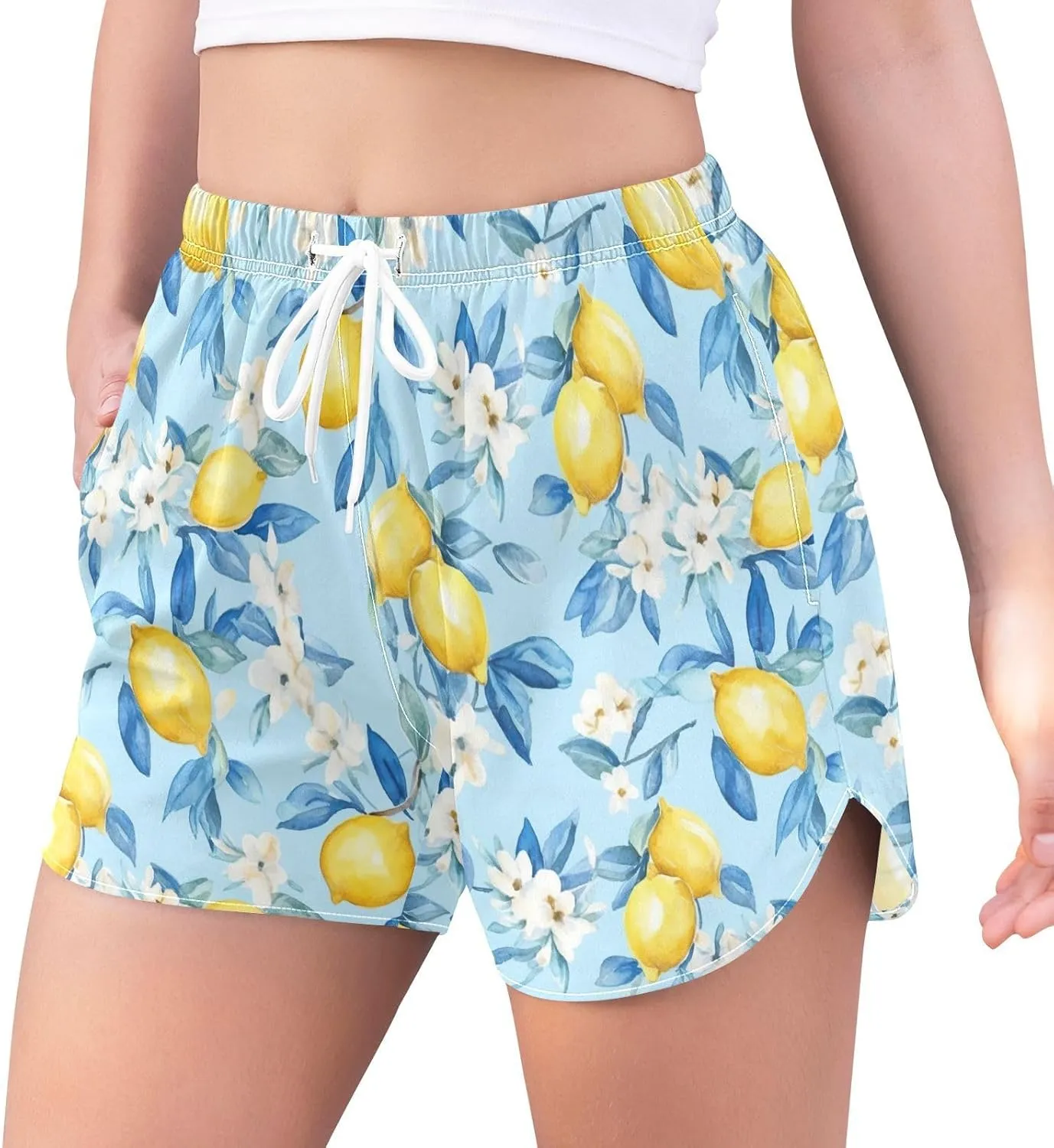 Lemons Flowers Blue Women's Athletic Shorts Quick Dry Board Shorts Women Shorts