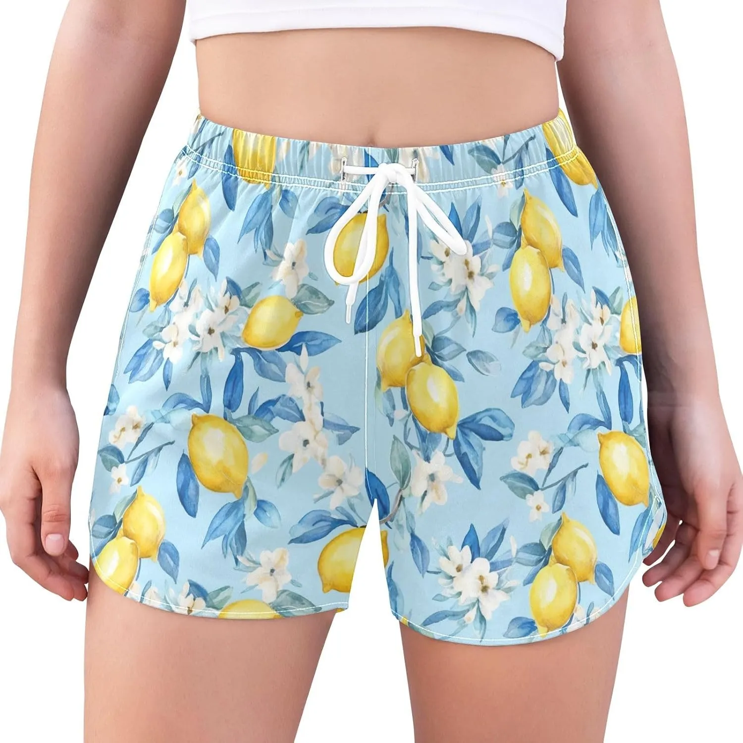 Lemons Flowers Blue Women's Athletic Shorts Quick Dry Board Shorts Women Shorts