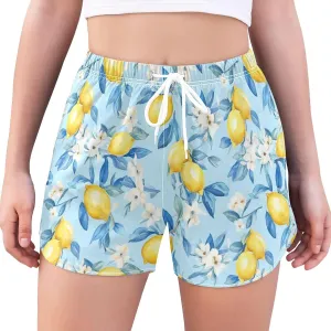 Lemons Flowers Blue Women's Athletic Shorts Quick Dry Board Shorts Women Shorts