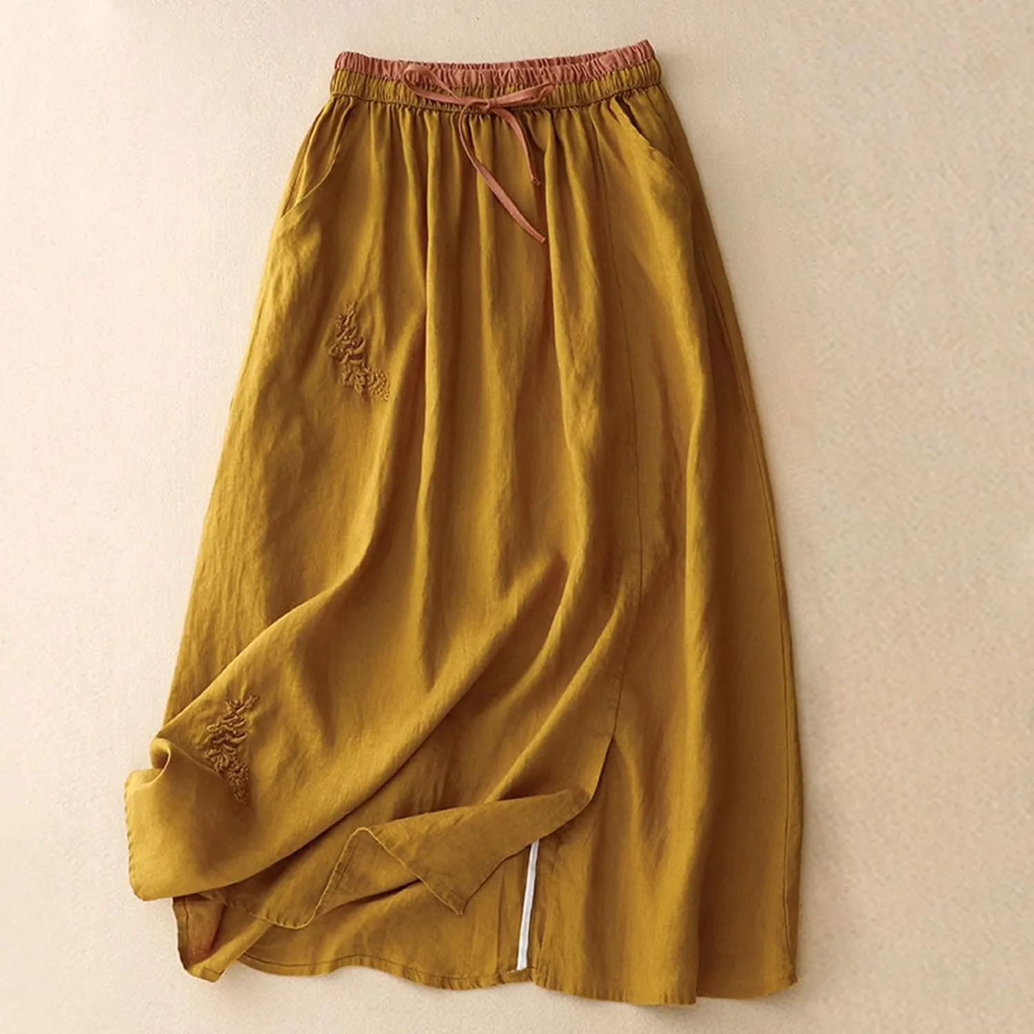 Linen A Line Skirt for Women Casual Elastic Waist Cotton Maxi Skirts Embroidered Boho Summer Skirt