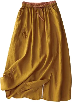 Linen A Line Skirt for Women Casual Elastic Waist Cotton Maxi Skirts Embroidered Boho Summer Skirt
