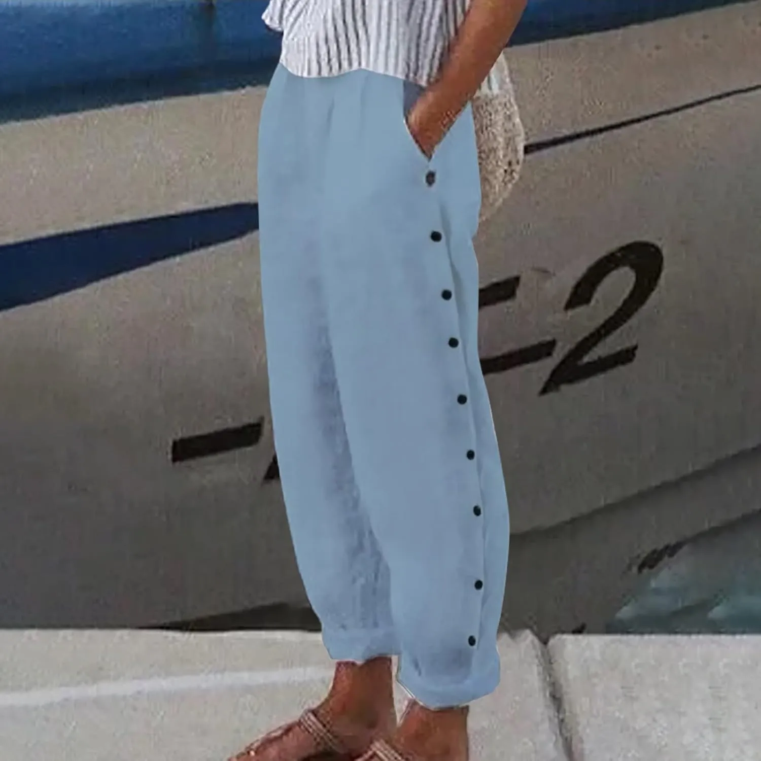 Linen Capris for Women Elastic Waist Drawstring Side Button Trendy Straight Leg Baggy Pants with Pocket