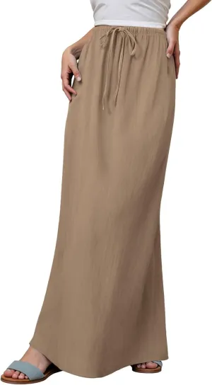 Linen Flared Maxi Skirts for Women 2025 Summer Trendy Elastic Waist Drawstring Long Flowy Pencil Skirt