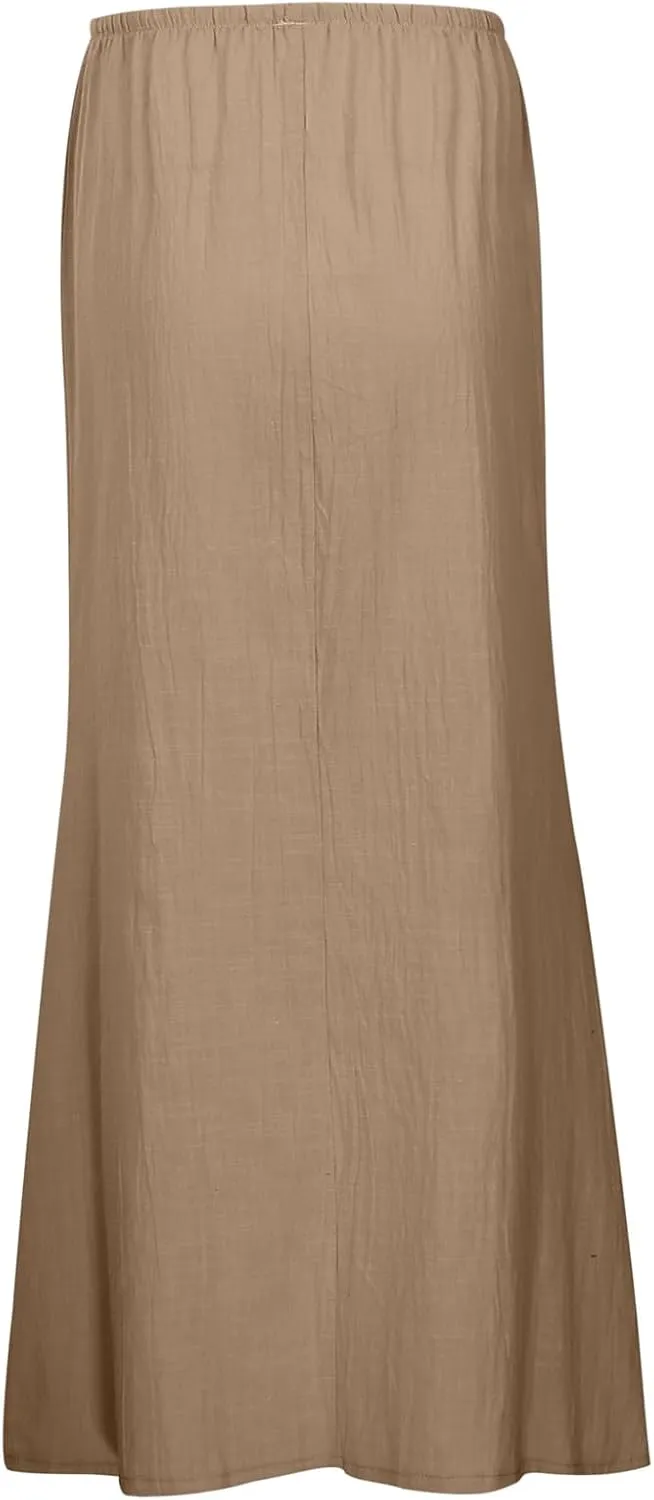 Linen Flared Maxi Skirts for Women 2025 Summer Trendy Elastic Waist Drawstring Long Flowy Pencil Skirt