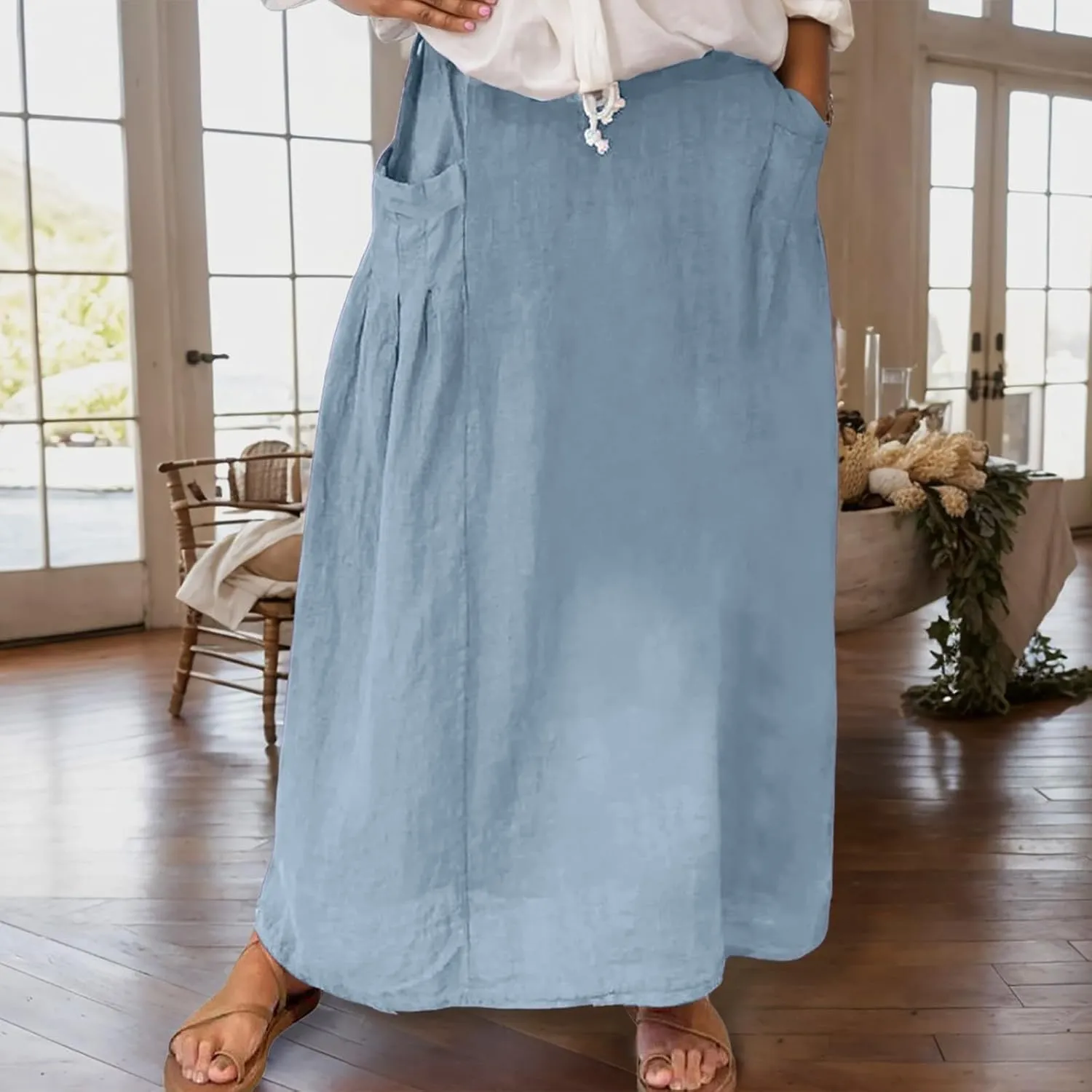 Linen Maxi Skirts for Women with Pockets 2025 Summer High Waisted Loose Fit Casual Long Skirt for Vacation