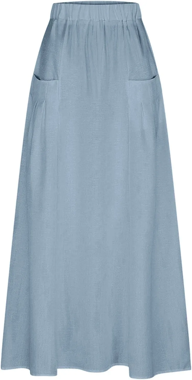 Linen Maxi Skirts for Women with Pockets 2025 Summer High Waisted Loose Fit Casual Long Skirt for Vacation