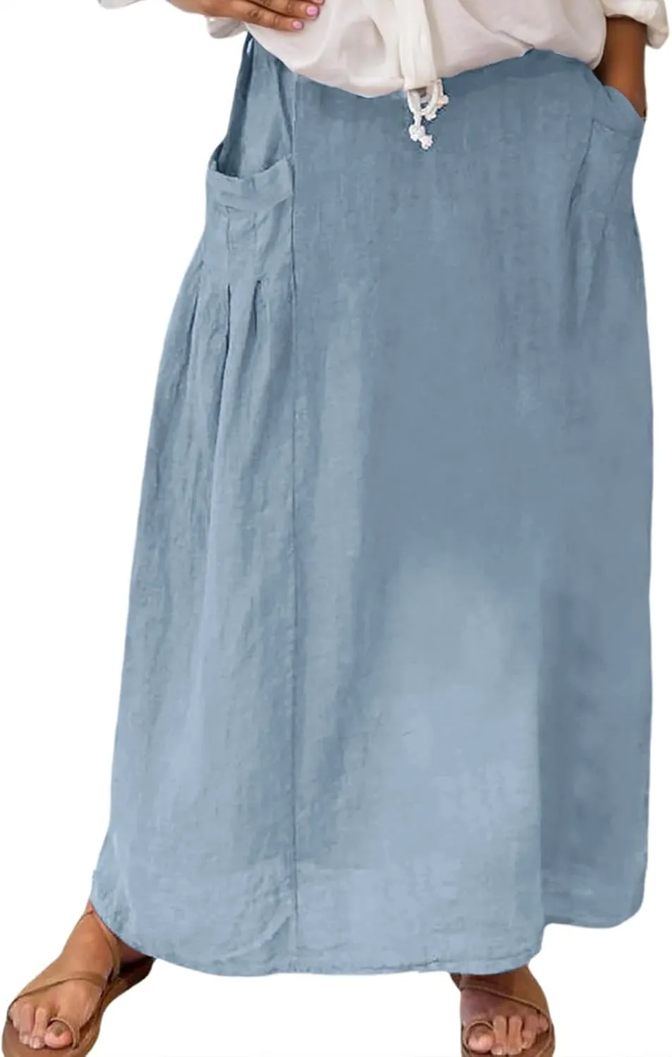 Linen Maxi Skirts for Women with Pockets 2025 Summer High Waisted Loose Fit Casual Long Skirt for Vacation