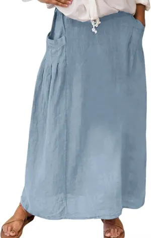 Linen Maxi Skirts for Women with Pockets 2025 Summer High Waisted Loose Fit Casual Long Skirt for Vacation