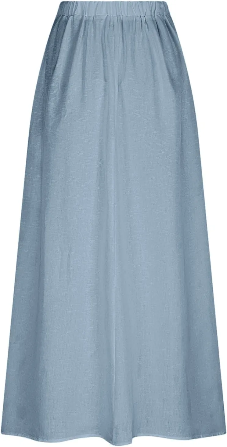 Linen Maxi Skirts for Women with Pockets 2025 Summer High Waisted Loose Fit Casual Long Skirt for Vacation