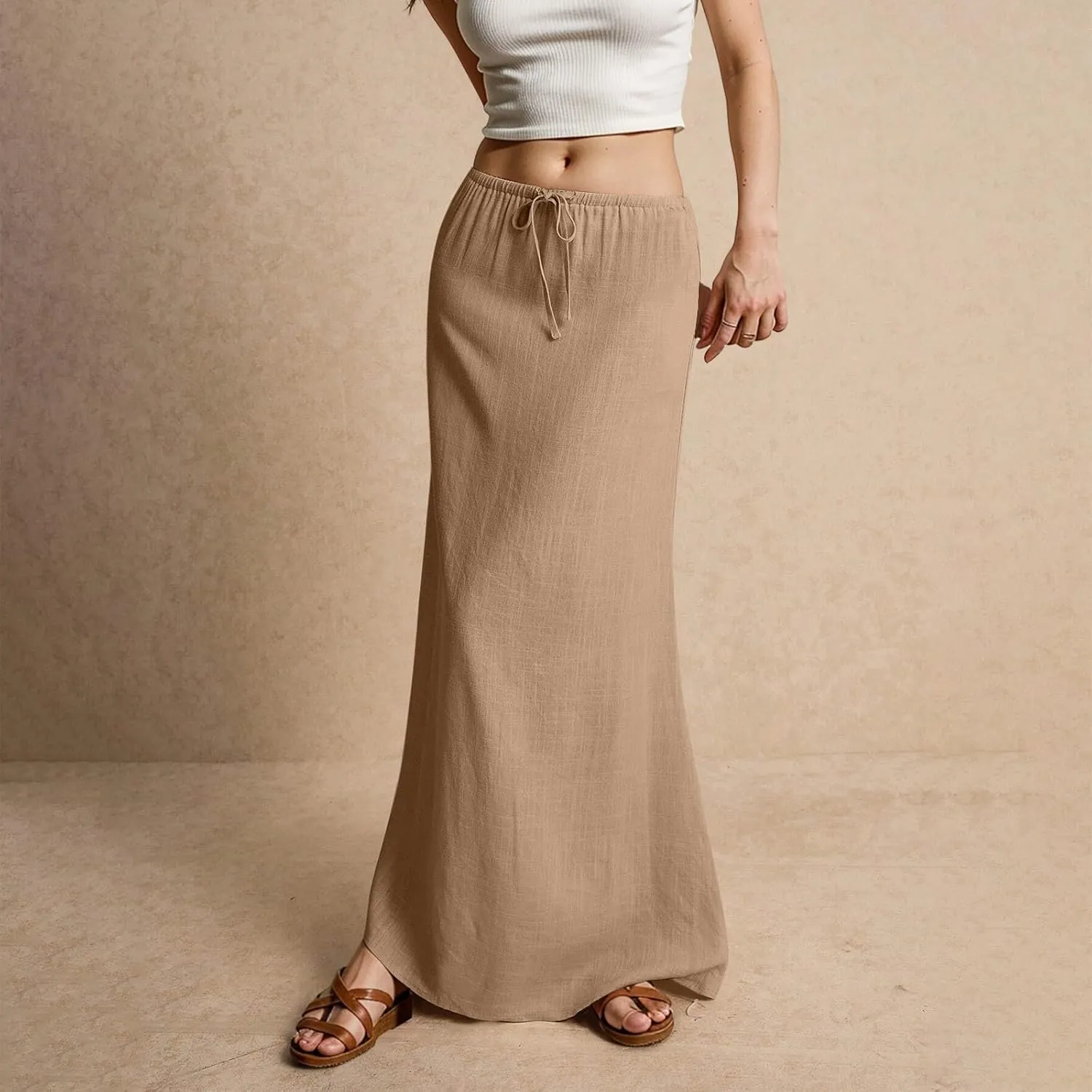 Linen Skirts for Women Trendy Summer Loose Low Rise Maxi Skirts Lightweight Drawstring Boho Beach A Line Long Skirt