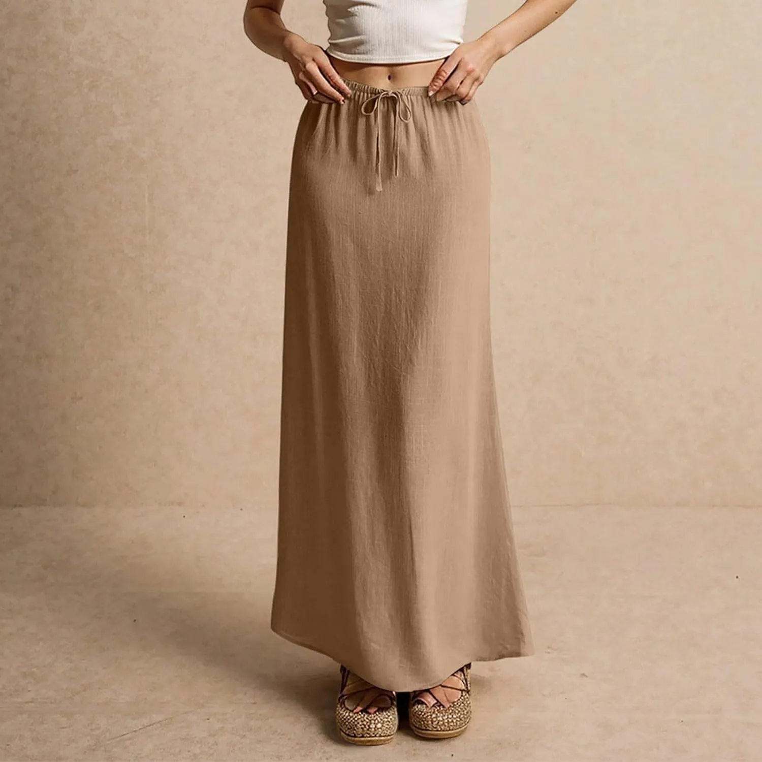 Linen Skirts for Women Trendy Summer Loose Low Rise Maxi Skirts Lightweight Drawstring Boho Beach A Line Long Skirt