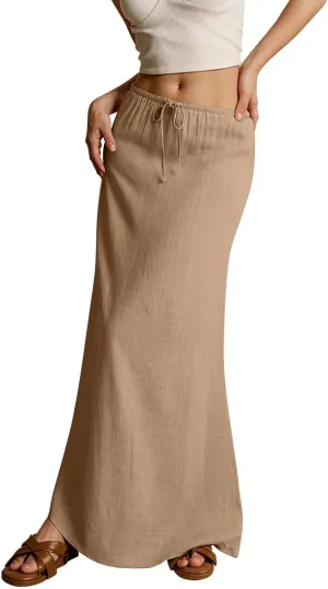 Linen Skirts for Women Trendy Summer Loose Low Rise Maxi Skirts Lightweight Drawstring Boho Beach A Line Long Skirt