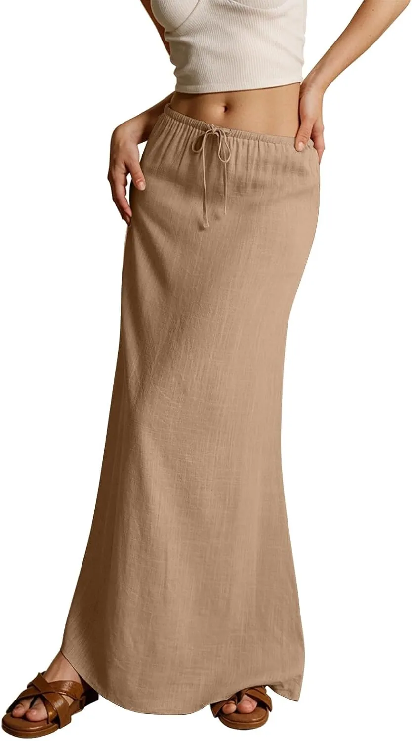 Linen Skirts for Women Trendy Summer Loose Low Rise Maxi Skirts Lightweight Drawstring Boho Beach A Line Long Skirt