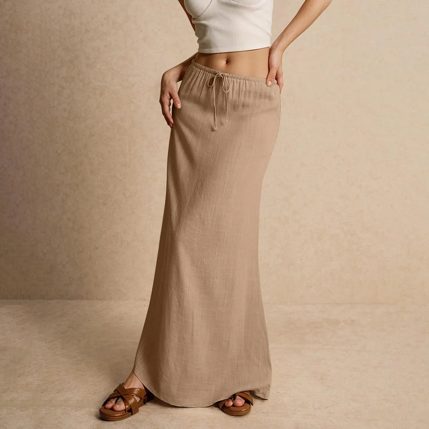 Linen Skirts for Women Trendy Summer Loose Low Rise Maxi Skirts Lightweight Drawstring Boho Beach A Line Long Skirt