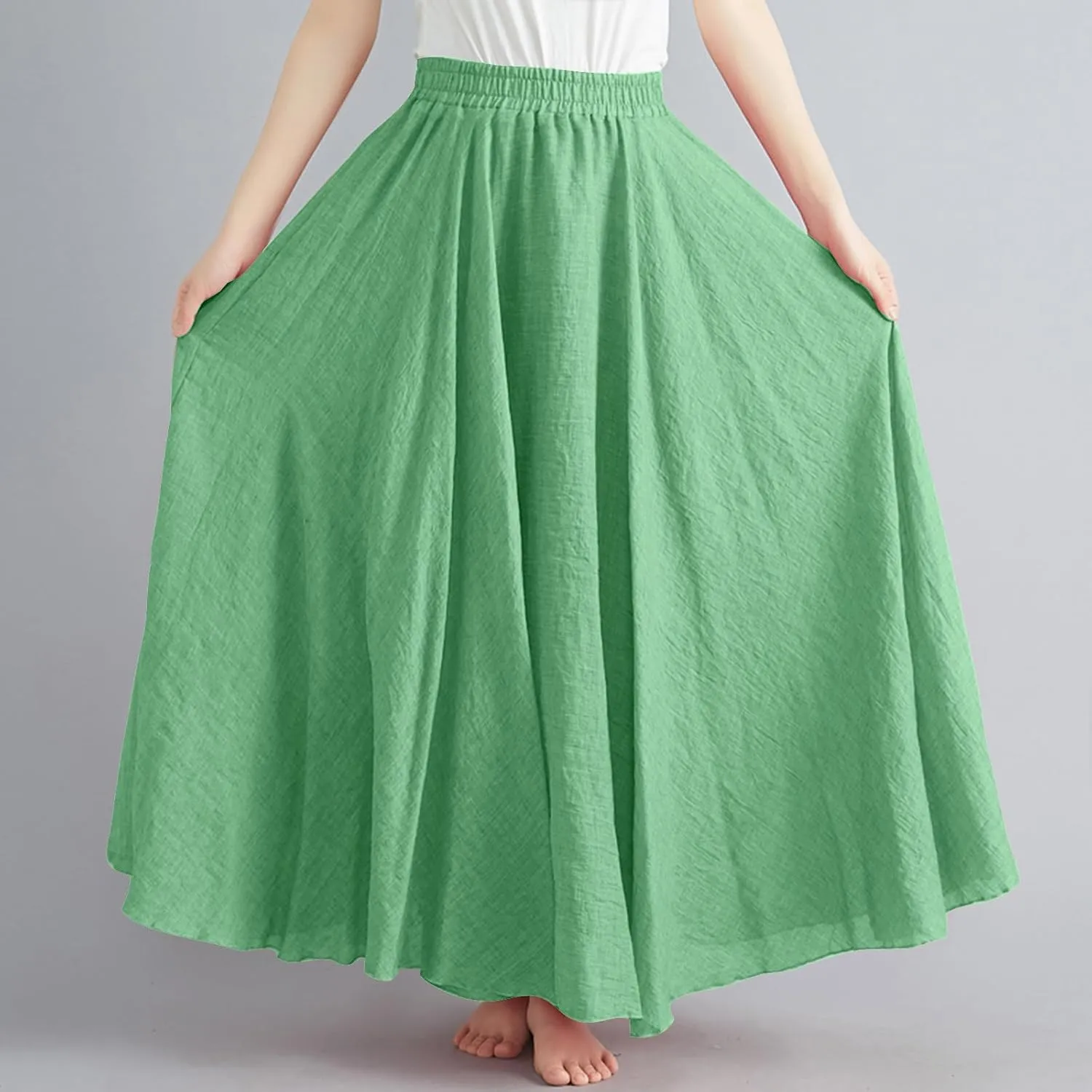 Linen Skirts Women Elastic Waist Boho Skirt Summer Beach Skirts Flowy Vacation Skirts Casual Maxi Skirts A Line Skirt