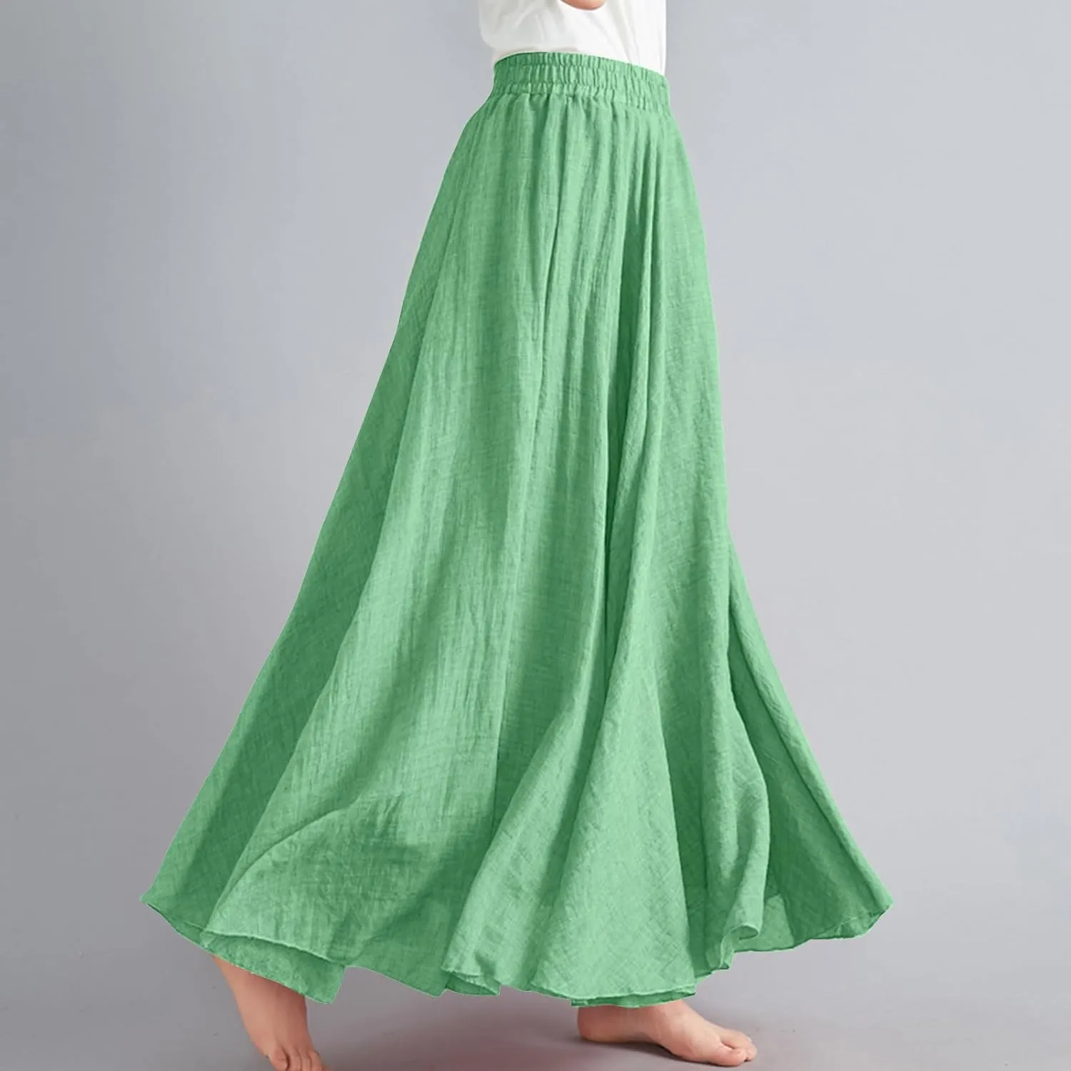 Linen Skirts Women Elastic Waist Boho Skirt Summer Beach Skirts Flowy Vacation Skirts Casual Maxi Skirts A Line Skirt