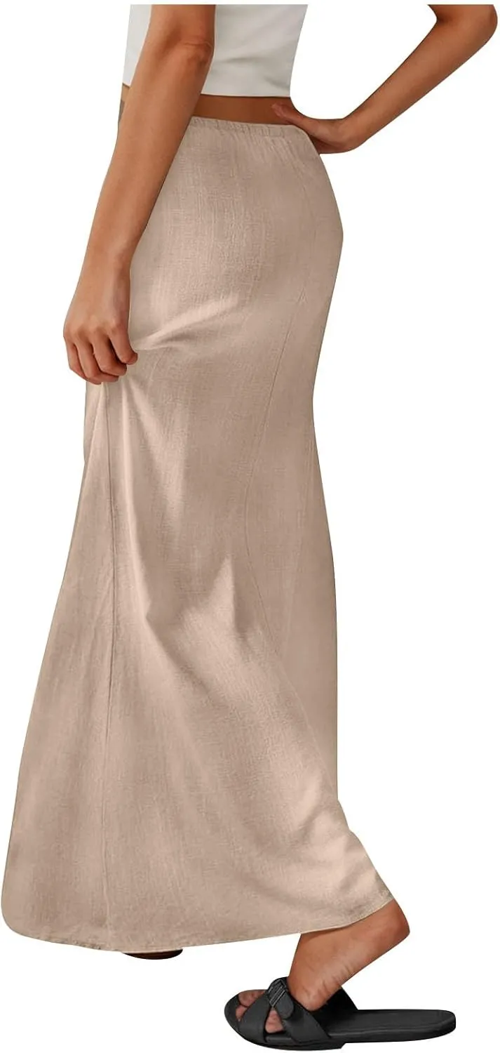 Long Skirts for Women Boho Linen Skirts Drawstring Waist Casual Summer Skirts Flare Maxi Skirts for Beach Vacation