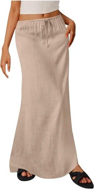 Long Skirts for Women Boho Linen Skirts Drawstring Waist Casual Summer Skirts Flare Maxi Skirts for Beach Vacation