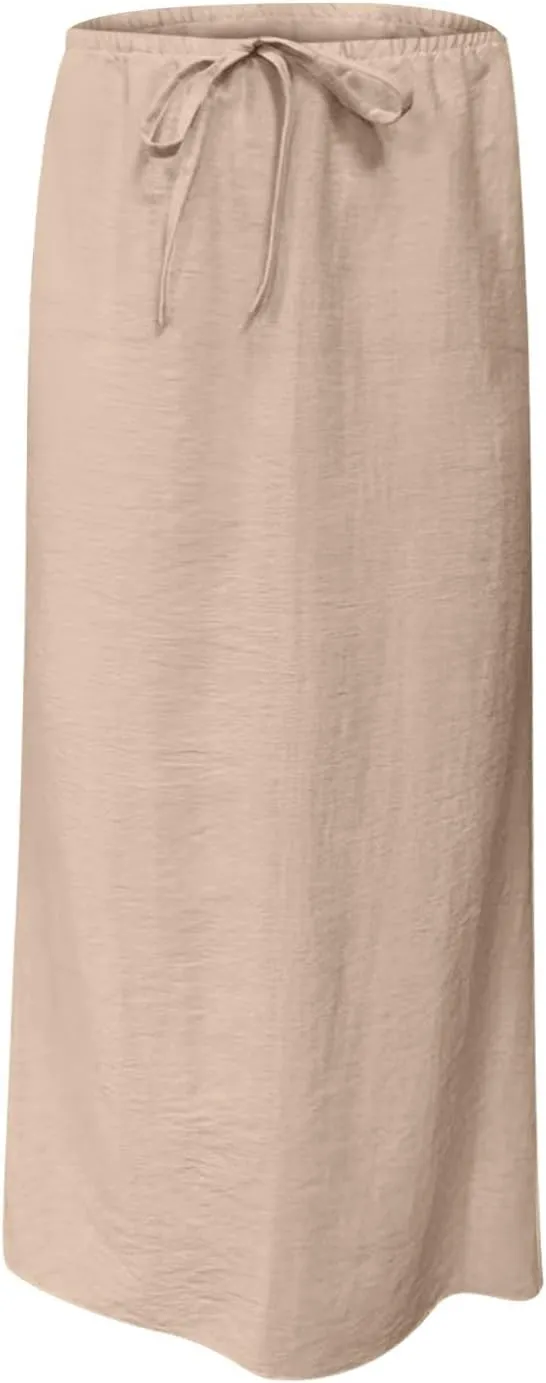 Long Skirts for Women Boho Linen Skirts Drawstring Waist Casual Summer Skirts Flare Maxi Skirts for Beach Vacation