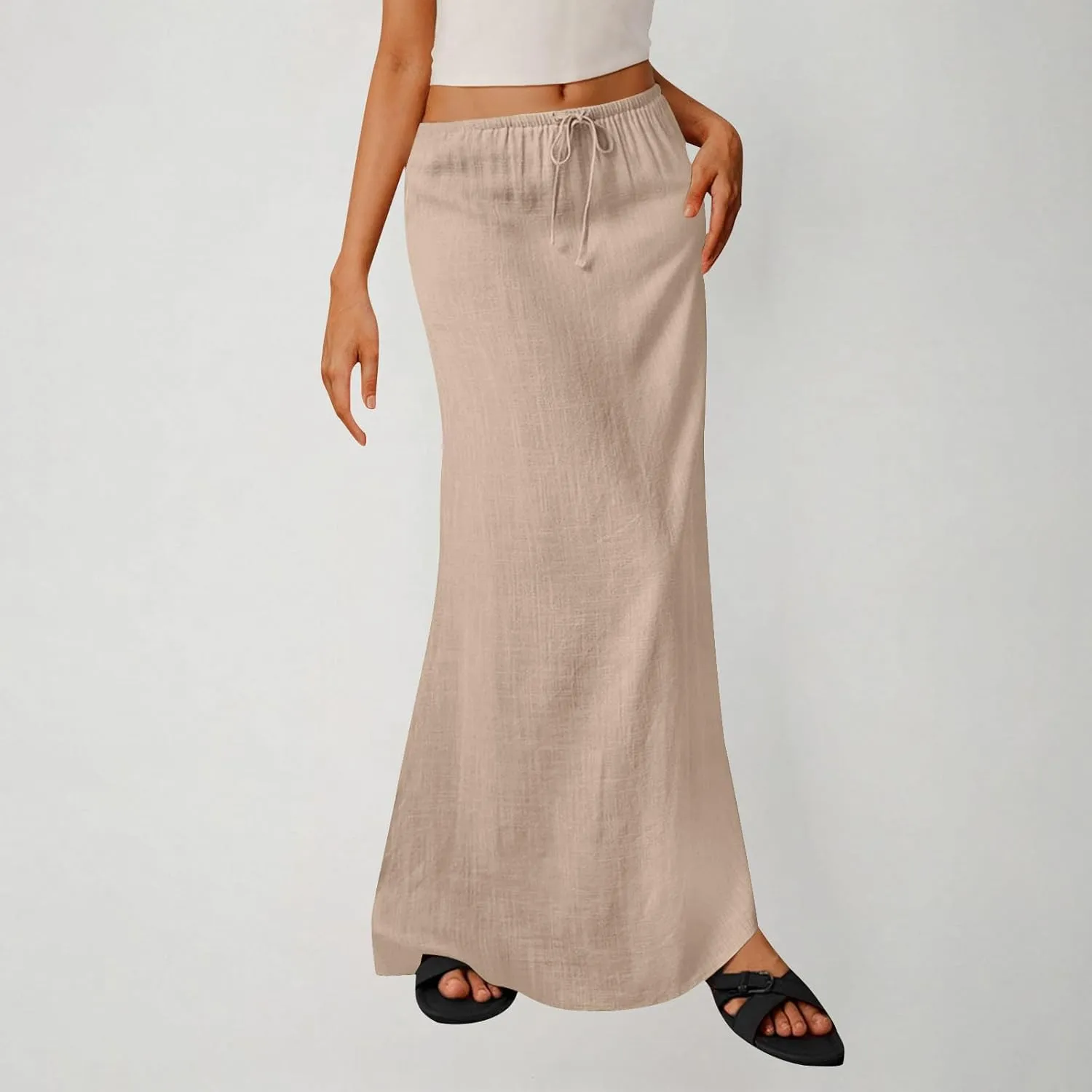 Long Skirts for Women Boho Vacation Flowy Maxi Skirt Lightweight Drawstring Low Rise Ankle Length Slim A Line Skirt