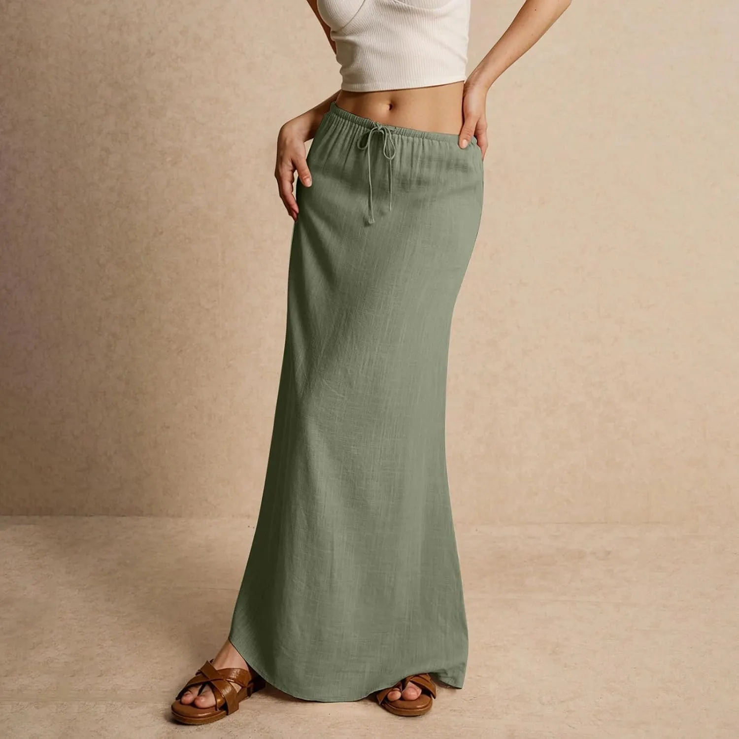 Long Skirts Trendy Plain Summer Maxi Skirt Drawstring Elastic Waist Casual Low Waist Skirts