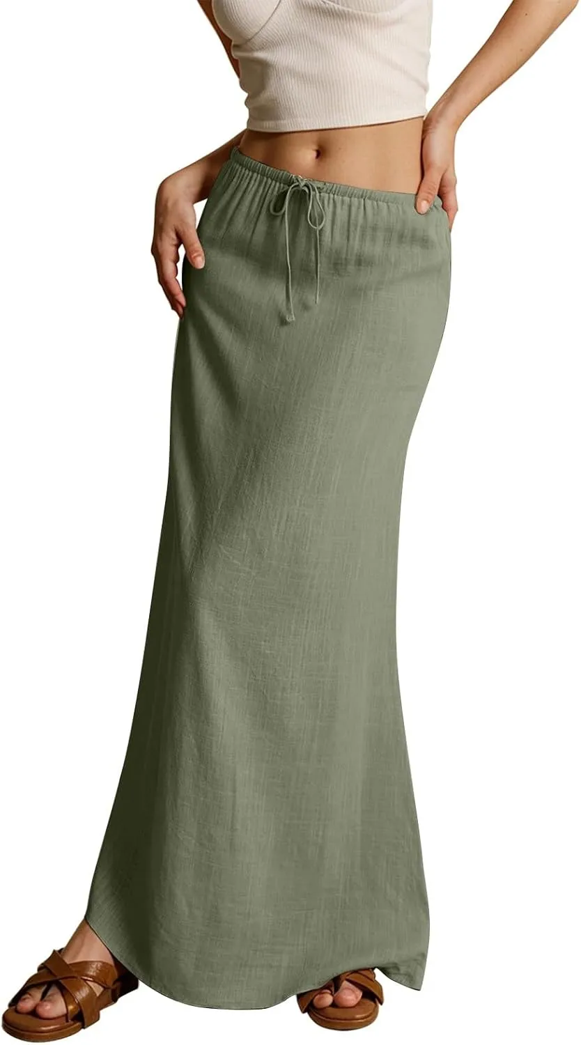 Long Skirts Trendy Plain Summer Maxi Skirt Drawstring Elastic Waist Casual Low Waist Skirts