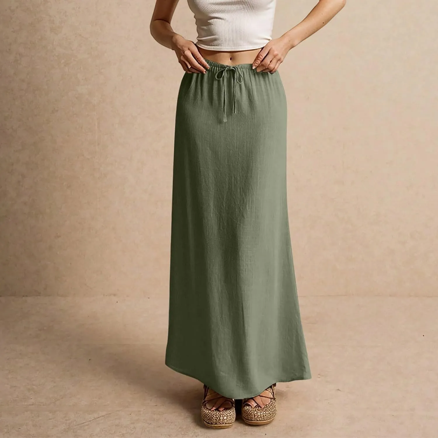 Long Skirts Trendy Plain Summer Maxi Skirt Drawstring Elastic Waist Casual Low Waist Skirts